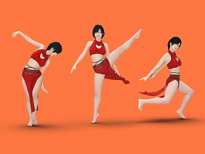 Women In Red Outfits Performing Different Dance Poses Against Orange Background 3d model