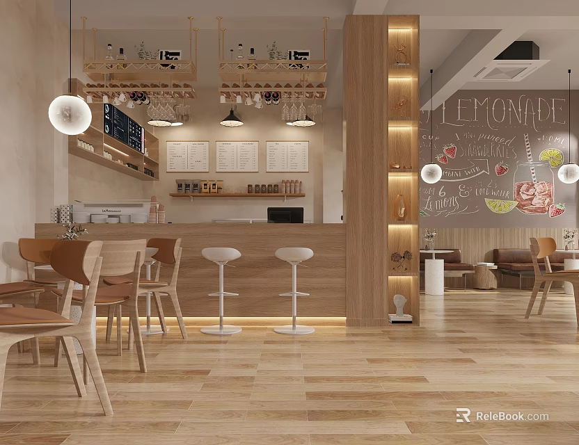 Café Interior Design With Wooden Bar Counter Stools Hanging Lights Menu Board And Seating 3d model 