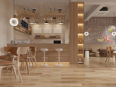 Café Interior Design With Wooden Bar Counter Stools Hanging Lights Menu Board And Seating 3d model