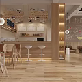 Café Interior Design With Wooden Bar Counter Stools Hanging Lights Menu Board And Seating