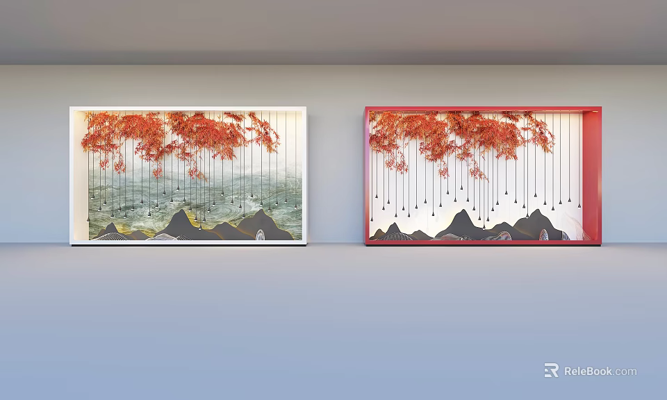 Two Window Displays With Red Hanging Branches And Mountain Pattern Design 3d model