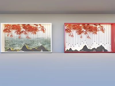 Two Window Displays With Red Hanging Branches And Mountain Pattern Design 3d model