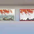 Two Window Displays With Red Hanging Branches And Mountain Pattern Design 3d model