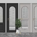 Stylish Black and Light Gray Hinged Doors with Arched Glass and Exterior Building Tree Views
