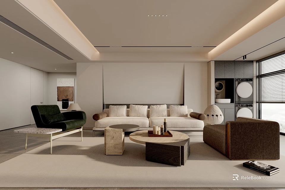Modern Living Room Interior Design With White Sofa Dark Green Armchair And Coffee Table 3d model 