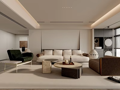 Modern Living Room Interior Design With White Sofa Dark Green Armchair And Coffee Table 3d model