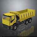 Yellow Dump Truck Model on Gray Surface With Clear Reflection and Detailed Design