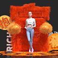 Orange Plush Bear Decorative Setup With Get Rich Fortune And Woman Standing
