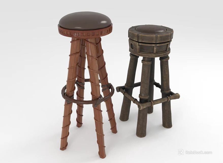Two Stylish Wooden Bar Stools With Leather Seats And Spiral Legs Design 3d model 
