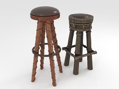 Two Stylish Wooden Bar Stools With Leather Seats And Spiral Legs Design 3d model