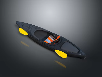 Black Kayak With Yellow Floats And Orange Seat On Gray Background 3d model