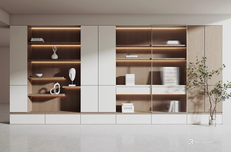 Modern Bookcase Interior Design With Wooden White Layered Shelves Books Decorative Items And Ambient Lighting 3d model 
