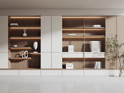 Modern Bookcase Interior Design With Wooden White Layered Shelves Books Decorative Items And Ambient Lighting 3d model