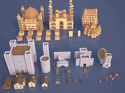 Cartoon Scene With Brown White Various Style Castle Tower And House Models 3d model