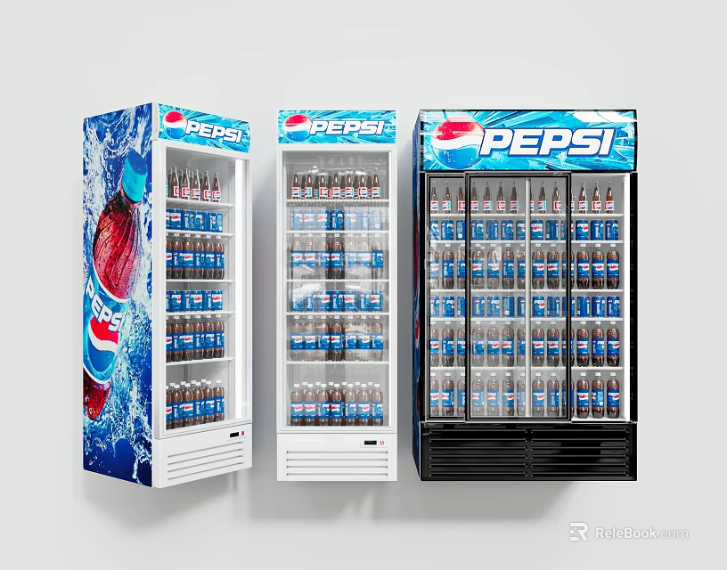 Three Pepsi Beverage Display Refrigerators Filled With Bottled Drinks And Brand Logo Design 3d model 