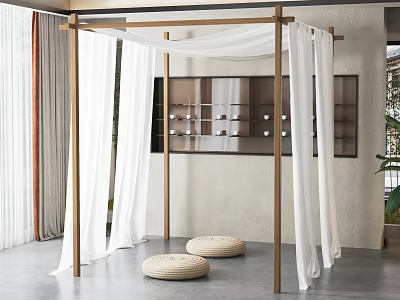 Wooden Four Poster Structure With White Sheer Curtains And Round Woven Cushions 3d model