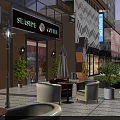 Vibrant Commercial Street With Coffee Shop Outdoor Seating Street Lamps And Modern Buildings