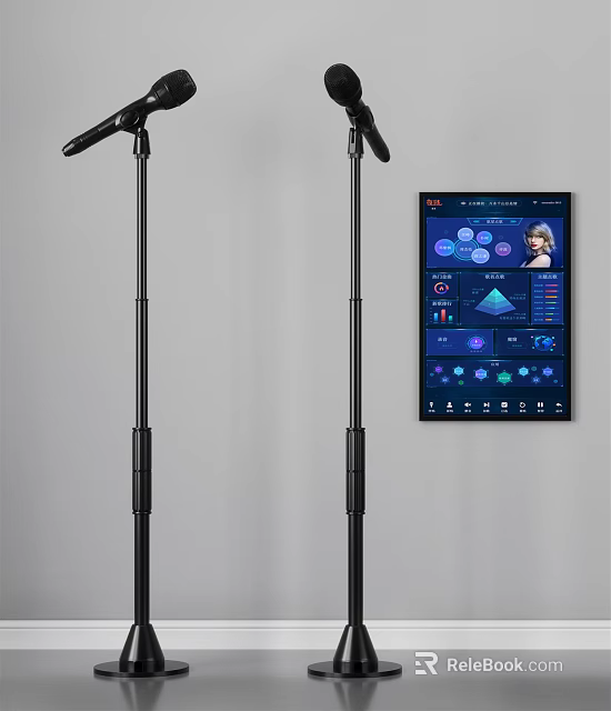 Headphone Speaker System With Two Black Microphone Stands And Digital Control Screen Interface 3d model 