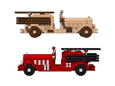 Wooden And Red Fire Truck Toy Models For Kids And Collectors 3d model