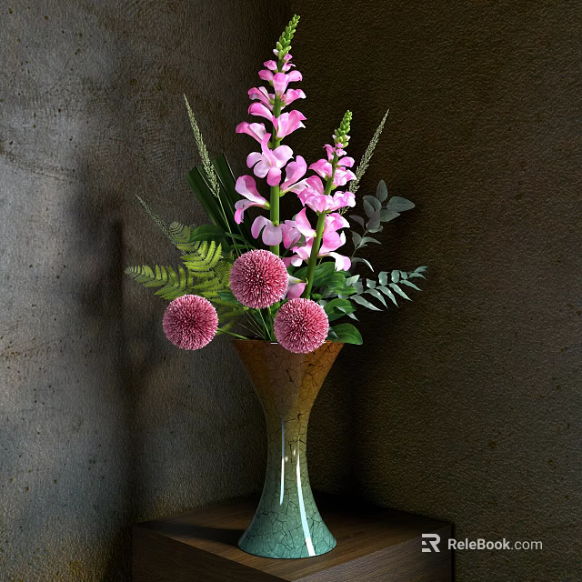 Elegant Decorative Ornament Set With Pink Flowers Green Leaves And Ceramic Vase 3d model 
