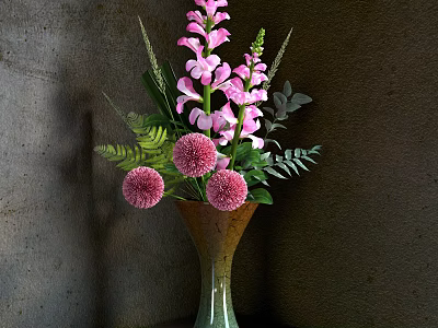 Elegant Decorative Ornament Set With Pink Flowers Green Leaves And Ceramic Vase 3d model