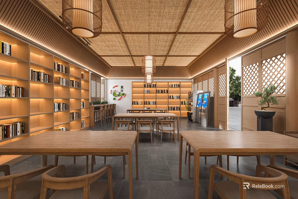 Book Art Themed Traditional Reading Room With Wooden Shelves And Lanterns 3d model 