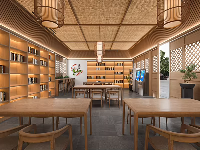 Book Art Themed Traditional Reading Room With Wooden Shelves And Lanterns 3d model