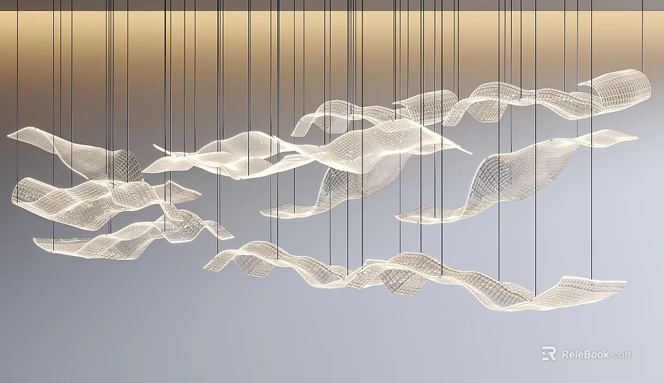 Modern Wave Shaped Mesh Chandelier Design Hanging In Interior Space Decor 3d model