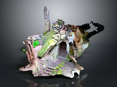 Natural Decorative Rock Structure With Moss Green Elements And Hollow Design 3d model