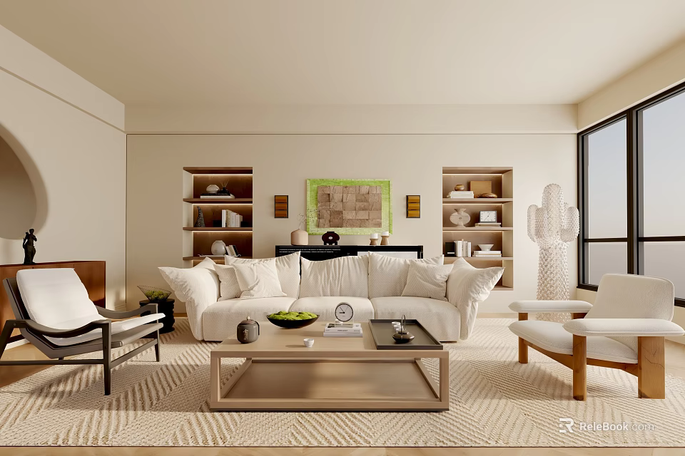 Modern Living Room Interior With White Sofa Wooden Coffee Table Bookshelves And Green Decor 3d model 