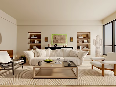 Modern Living Room Interior With White Sofa Wooden Coffee Table Bookshelves And Green Decor 3d model