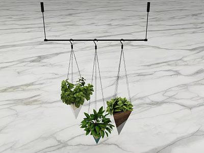 Stylish Three Conical Hanging Planters with Lush Green Plants Against Marble Floor 3d model