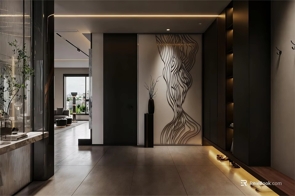 Modern Entryway Hallway Design With Abstract Wall Art Built In Cabinets And Recessed Lighting 3d model 