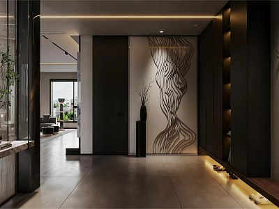 Modern Entryway Hallway Design With Abstract Wall Art Built In Cabinets And Recessed Lighting 3d model