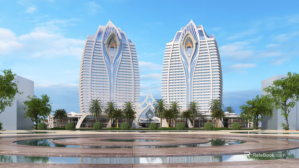 Tall Office Buildings with Unique White Design Palm Trees and Water Pool Under Blue Sky 3d model 