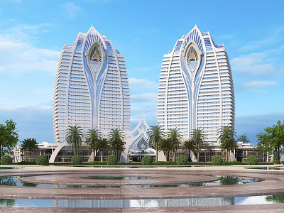 Tall Office Buildings with Unique White Design Palm Trees and Water Pool Under Blue Sky 3d model