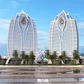 Tall Office Buildings with Unique White Design Palm Trees and Water Pool Under Blue Sky