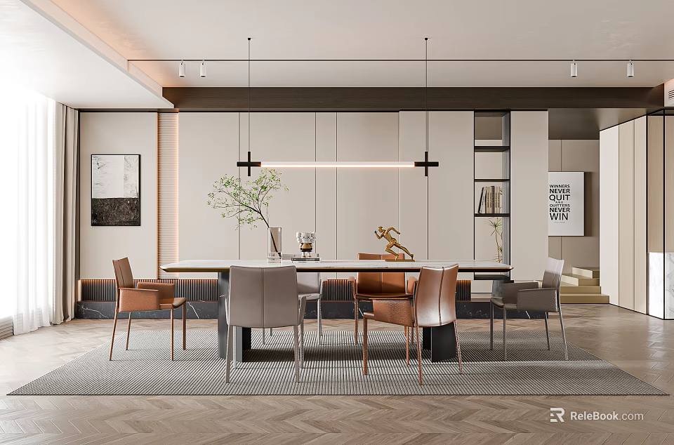 Modern Dining Room With Rectangular Table Upholstered Chairs Pendant Lights And Decorative Plants 3d model