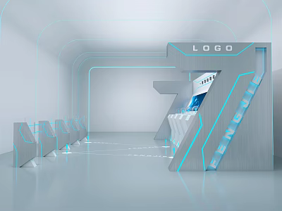 Modern Tech Inspired Reception Space With Logo Display And Blue Accent Lighting 3d model