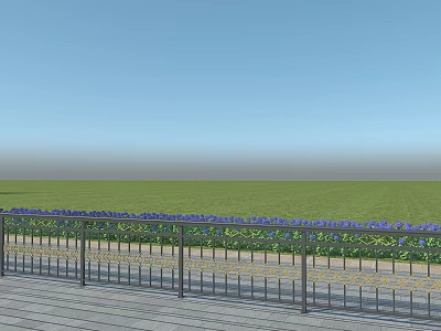 Decorative Metal Fence With Green Grass Blue Yellow Flowers Open Field And Blue Sky 3d model