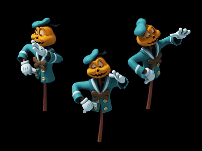 Pumpkin Scarecrows In Blue Uniforms With Caps And Various Poses On Black Background 3d model
