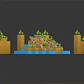 Cartoon Scene With Island Yellow Hills Green Trees Blue Water Small Houses And Characters