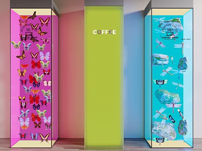 Colorful Decorative Columns With Pink Butterfly Green FFIE And Blue Dragonfly Designs 3d model