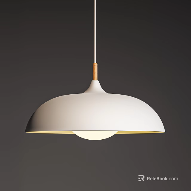 Modern Pendant Light With White Dome Shade And Wooden Rod Glowing In Dark Background 3d model 