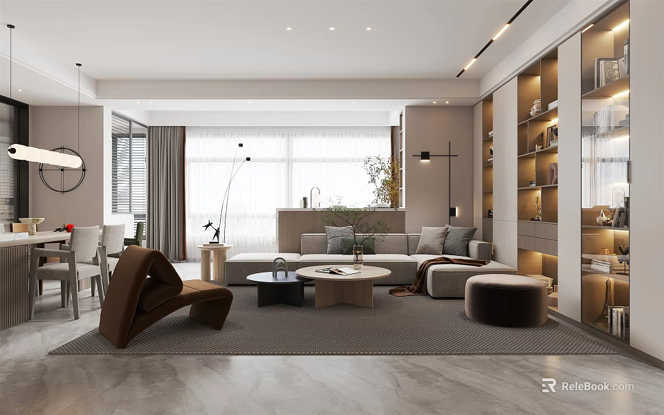 Modern Living And Dining Room Interior With Sofa Coffee Tables Bookshelves Plants And Large Windows 3d model 