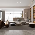 Modern Living And Dining Room Interior With Sofa Coffee Tables Bookshelves Plants And Large Windows