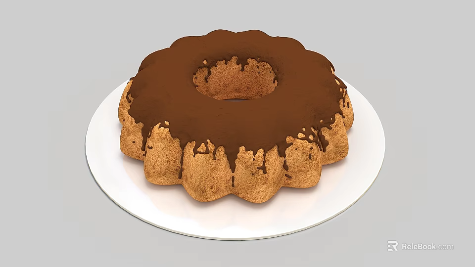 Moist Bundt Cake Topped With Chocolate Glaze Served On White Plate 3d model 