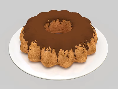 Moist Bundt Cake Topped With Chocolate Glaze Served On White Plate 3d model