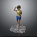 Character Wearing Straw Hat Yellow Striped Shirt Blue Shorts Holding Camera on Gray Stone Platform