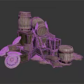 Medieval Vintage Scene Components With Wooden Barrels Crates Shields And Sacks